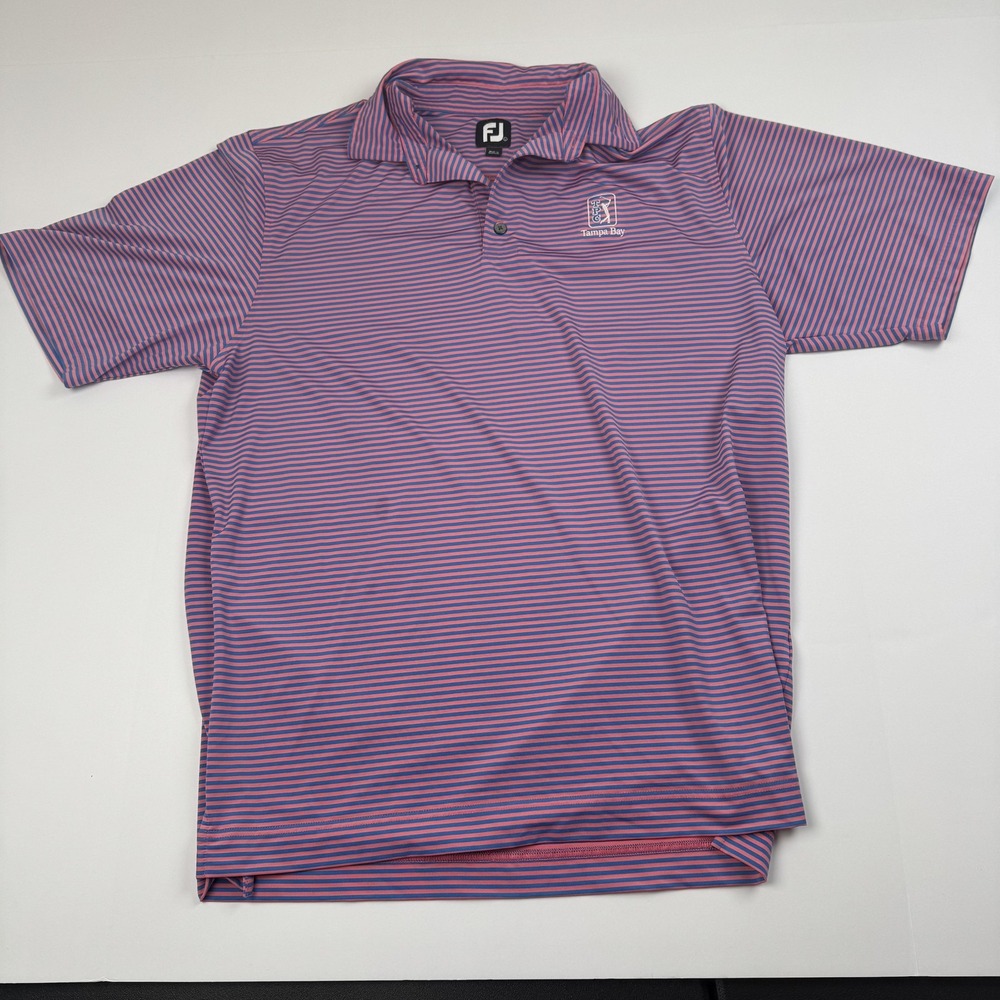 FootJoy TPC Tampa Bay Golf Polo Shirt Mens Large Pink Blue Striped Performance